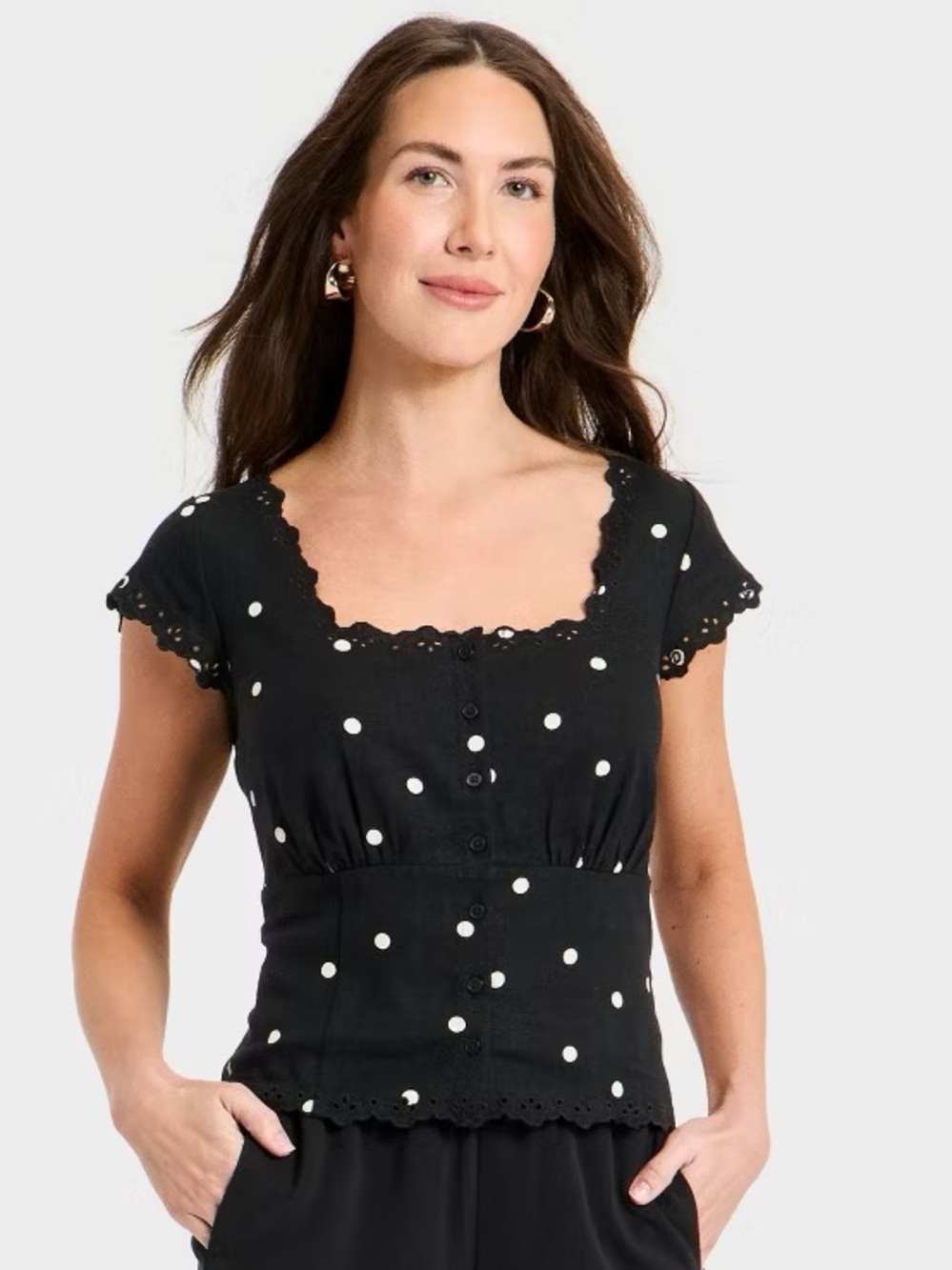 A New Day Black Polka Dot Lace-Trim Square Neck Top